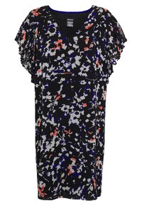 Robe noire avec un col en V, des manches courtes flottantes et un motif coloré tacheté en rouge, blanc et bleu. Fabriquée en tissu léger.