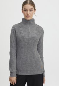 Grauer gestrickter Pullover mit hohem Kragen und Viertelreißverschluss, der gerippte Akzente und ein strukturiertes Muster im Körper aufweist.