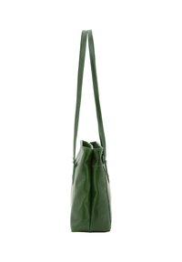 Borsa a tracolla verde in pelle con design strutturato, manici lunghi e parte superiore pieghevole. Presenta una texture liscia e dettagli minimalisti.