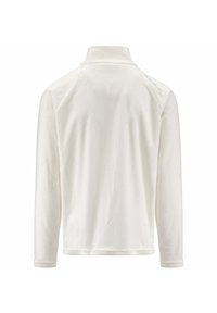 Maglione a maniche lunghe in morbido tessuto bianco, con colletto alto e texture liscia. Le cuciture dettagliate sulla spalla aggiungono un tocco di interesse sottile.