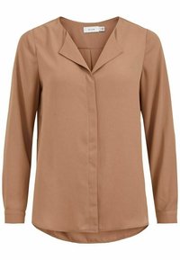 Blusa a maniche lunghe con colletto in tessuto marrone chiaro dalla consistenza liscia, caratterizzata da una patta frontale e un orlo arrotondato.