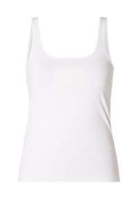 White sleeveless tank top made of smooth fabric, featuring a square neckline and a fitted silhouette. Simple design, no patterns or embellishments.