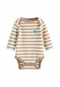 Raido pitkähihaisen bodyn vaalean kerman- ja vaaleanruskean raidallisen kuosis, jossa on sinisiä kukkia rintamuksen kohdalla ja nepparikiinnitys alareunassa.