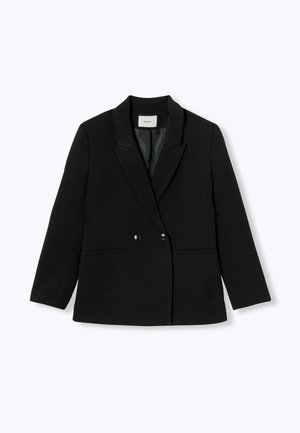 Blazer noir à double boutonnage avec revers crantés, poches avant et texture lisse. Dispose de deux boutons et d'une silhouette ajustée.