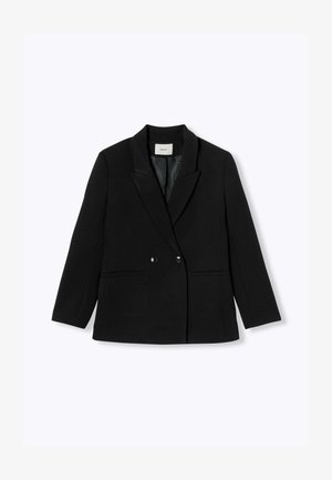 Blazer noir à double boutonnage avec revers crantés, poches avant et texture lisse. Dispose de deux boutons et d'une silhouette ajustée.