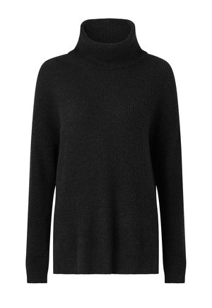 Zwarte coltrui gemaakt van een ribgebreid materiaal, met lange mouwen en een losse pasvorm met een hoge kraag.