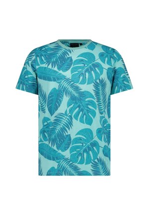 Turquoise T-shirt met korte mouwen met een patroon van grote tropische bladeren in verschillende tinten blauw en teal.