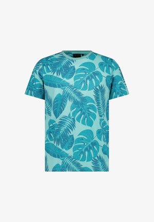 Turquoise T-shirt met korte mouwen met een patroon van grote tropische bladeren in verschillende tinten blauw en teal.