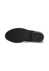 Zwarte rubberen schoenenzool met een getextureerd grippatroon, voorzien van een gebogen vorm en lichtbruine bovenrand. Schoon, antislip ontwerp.