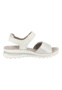 Sandali bianchi con tomaia in pelle liscia, accentuazioni metalliche e soletta sagomata e imbottita. Presentano delle cinghie regolabili e una suola spessa in gomma.