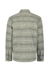 Langarmshirt met een gestructureerd gestreept patroon in groen en grijs, voorzien van een kraag en knoopsluiten bij de manchetten.