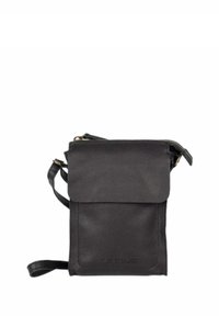 Musta nahkainen olkalaukku, jossa on kannellinen suljenta, vetoketjullinen yläosa ja säädettävä hihna. Suloinen pinta, jossa on minimaalista metalliosaa ja siistejä linjoja.