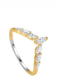 Gold and silver ring featuring seven marquise-cut clear stones arranged in a curved setting, highlighting a smooth finish and polished surface.