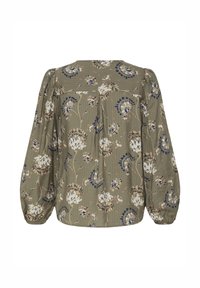 Roheline lillese mustriga pluus lendlevate varrukatega, tekstureeritud kangas ja tagant avaga detail. Disainil on valged ja tumesinised lillemotiivid.