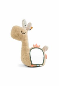 Pehmea beežikas giraffiplüüš suletud silmadega, mustriliste kõrvadega, korallipeadega ja küljes ruudu kujuline peegel koos õmmeldud kangasildiga.