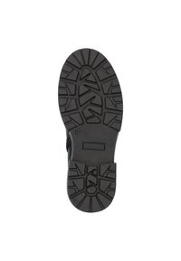 Suela de zapato de goma negra con patrones de dibujo profundos para tracción, ligeramente redondeada en la parte delantera y con indentaciones rectangulares para soporte estructural.