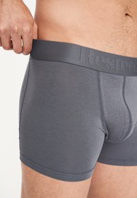 Graue Boxershorts mit einem weichen, elastischen Bund, der ein geprägtes Logo trägt. Glatte Textur und taillierte Passform für zusätzlichen Komfort.
