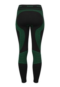 Schwarze Leggings mit grünen gestreiften Akzenten und Netz-Einsätzen. Verfügt über einen breiten Bund mit dem Schriftzug "Polar Husky" oben. Sportliches Design.