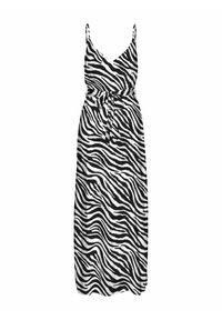 Robe maxi noire et blanche à motif zèbre avec un décolleté en V, des fines bretelles et une ceinture à la taille pour un ajustement réglable.