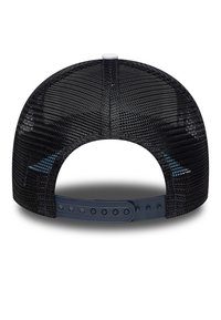 Black mesh baseball cap with a rounded shape, featuring a plastic adjustable strap and a contrasting colored inner lining.