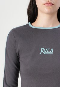 Šedá dlhá mikina s modrými akcentmi na golieri a rukávoch, s logom RVCA v kontrastnej svetlomodrej farbe.