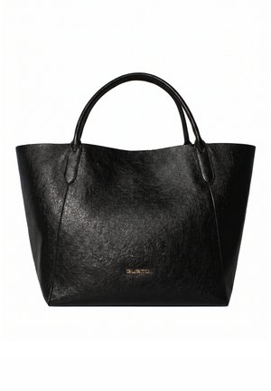 Borsa tote in pelle nera testurizzata con doppi manici e piccolo logo dorato "GUSTO" al centro davanti.
