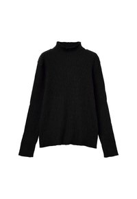 Maglione nero a coste con colletto a rocchetto e maniche lunghe, caratterizzato da un colletto leggermente arrotolato e una vestibilità comoda. Materiale in maglia testurizzata in tutto il capo.