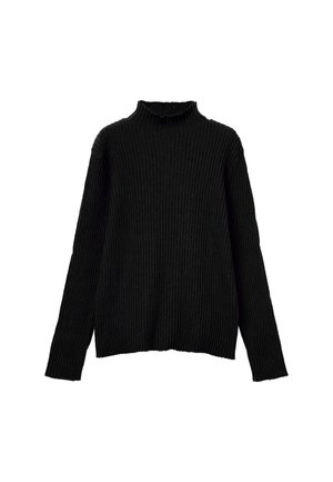 Schwarzer, gerippter Rollkragenpullover mit langen Ärmeln, der einen leicht umgeschlagenen Kragen und eine lockere Passform aufweist. Strukturierter Strickstoff im gesamten Design.
