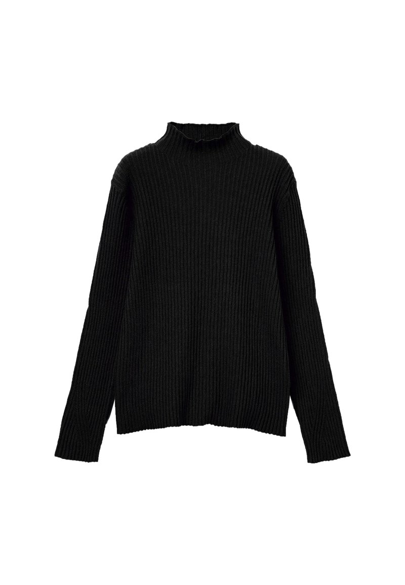 Maglione nero a coste con colletto a rocchetto e maniche lunghe, caratterizzato da un colletto leggermente arrotolato e una vestibilità comoda. Materiale in maglia testurizzata in tutto il capo.