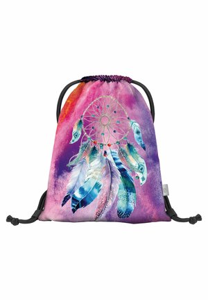 Drawstring backpack in fabric with a colorful dreamcatcher design featuring feathers in shades of blue and purple against a pink background.