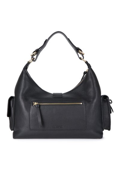 Borsa a tracolla nera in pelle con finitura texturizzata, forma curvilinea, tasca con zip dorata e tasche laterali removibili. Inclusa tracolla regolabile.