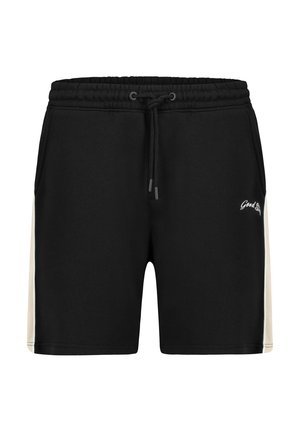 Black athletic shorts with white side stripes, elastic waistband, drawstring, side pockets, and small white "Good Stuff" text on the right leg.