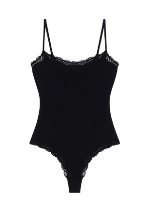 Zwarte bodysuit met dunne bandjes en kanten rand langs de halslijn, beenopeningen en randen, met drukknoopsluiting bij het kruis.