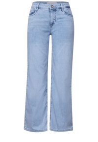 Světle modré džíny z denimu s širokým střihem, vybavené pěti kapsami, předním zapínáním na knoflík a jemným zesvětlením pro texturu.