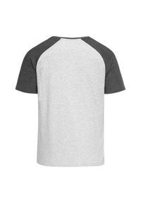 Short-sleeve t-shirt with a light gray body and dark gray raglan sleeves, made of soft cotton blend, featuring a smooth texture.