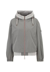 Grijze cropped jack met een grijze en beige capuchon, elastische manchetten, centrale rits sluiting, twee zijzakken en een driehoekige ritssluiting details.