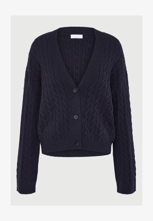 Mornarski plavi kardigan s pletenicom, dugih rukava, V izrezom, s tri gumba sprijeda i rebrastim rukavima i donjim rubom.