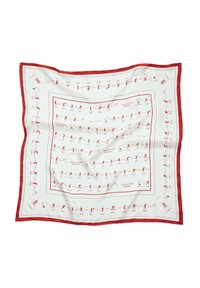 Jedwabny szalik z białym tłem, czerwonym brzegiem i powtarzającymi się czerwonymi grafikami przedstawiającymi różne pozycje sportowe oraz daty.
