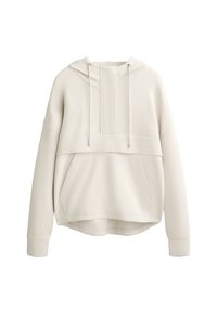 Sweatshirt à capuche beige avec une poche avant, texture côtelée et épaules tombantes. Présente un design à coutures verticales et des cordons de serrage ajustables.