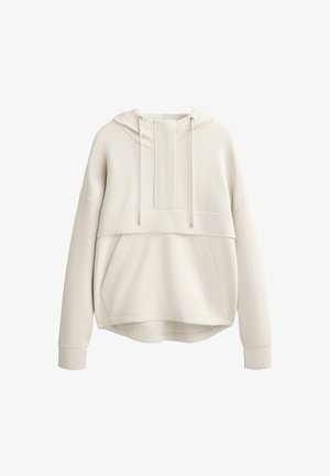 Felpa beige con cappuccio, tasca frontale, texture a coste e spalle scese. Presenta un design a cucitura verticale e cordini regolabili.