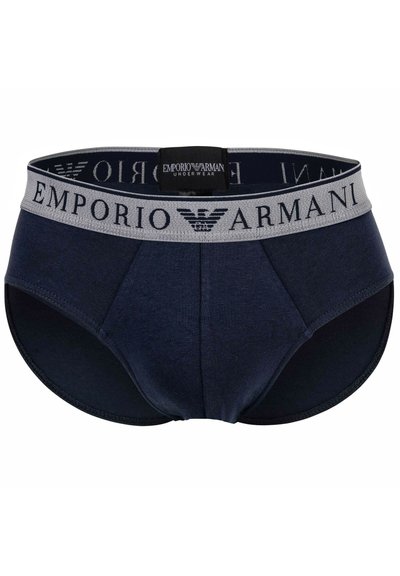 Culotte en coton bleu marine avec une ceinture grise arborant le logo "Emporio Armani" et l'emblème de l'aigle. Texture douce et coupe ajustée.