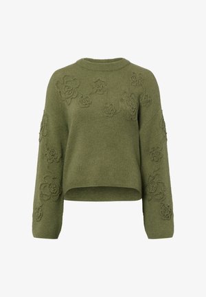 Olive green knitted sweater with floral embroidery, boat neckline, and long sleeves. Features a cropped hem and soft texture.