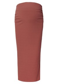 Gestreepte midi-rok in een stofkleur, met geplooide details rond de taille, die een aansluitende silhouet en zachte textuur biedt.