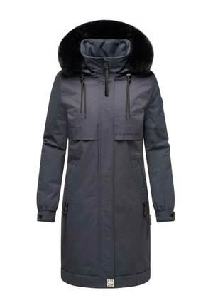 Manteau long marine avec capuche doublée en fausse fourrure, fermeture éclair sur le devant, deux poches avant et poignets ajustables ; présente un logo discret sur la poitrine.