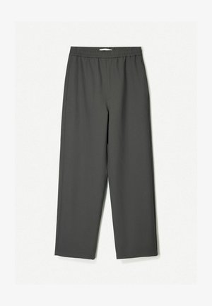 Donkergrijze, hoge taille, wijde broek gemaakt van lichtgewicht stof. Elastische tailleband, geen zichtbare patronen en zijzakken.