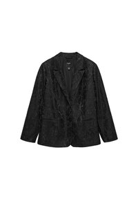 Zwarte kanten blazer met een geknipt kraag, twee voorzakken en een sluiting met twee knopen. De stof heeft een getextureerd bloemenpatroon.