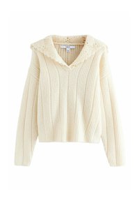 Cremefarvet sweater med en hæklede blondekrave, ribbet tekstur og lange ærmer. Kort design. Mærket er synligt inde i halsudskæringen.
