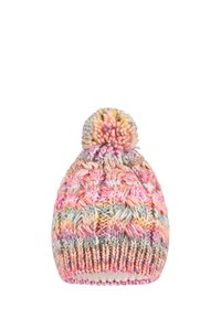 Knit beanie in multicolored pastel shades with a textured pattern and a pom-pom on top. The brim is ribbed for added detail.