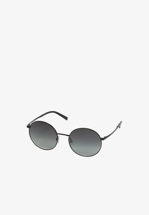 Ronde zwarte zonnebril met een gradientlens, dunne metalen montuur en plastic accenten op de pootjes. Elegant ontwerp met een lichtgewicht constructie.