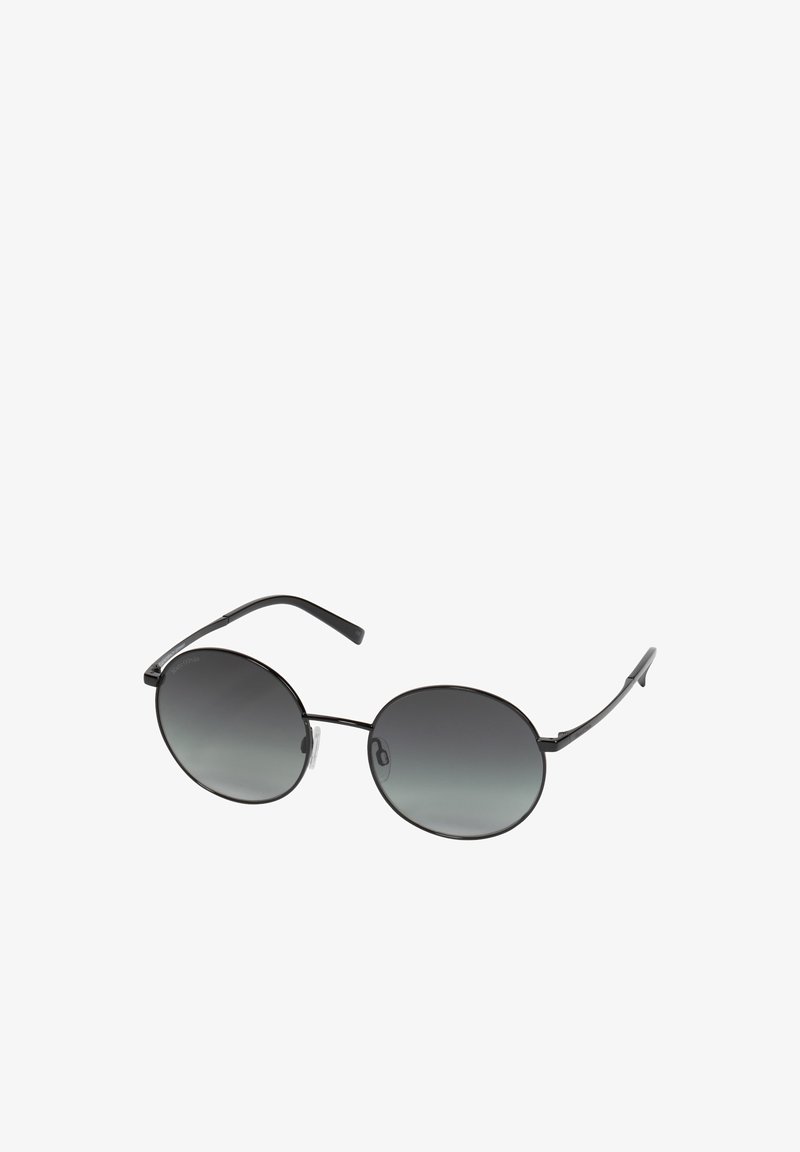 Okrągłe czarne okulary przeciwsłoneczne z gradientowymi soczewkami, cienkimi metalowymi oprawkami i plastikowymi akcentami na zausznikach. Elegancki design o lekkiej konstrukcji.